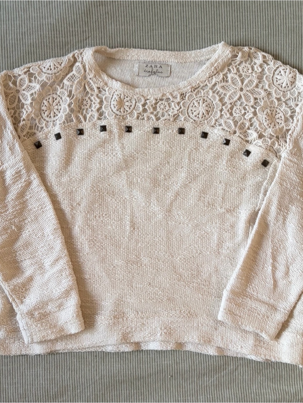 Zara Ivory Crochet Yoke Sweater with Stud Accents